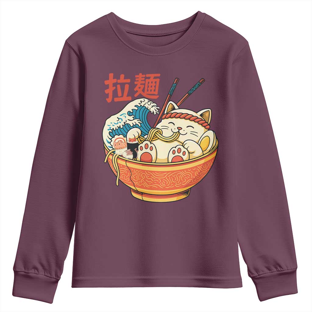 Funny Cat Ramen Youth Sweatshirt Cute Japanese Sushi Kitty Eating Noodles TS14 Maroon Print Your Wear