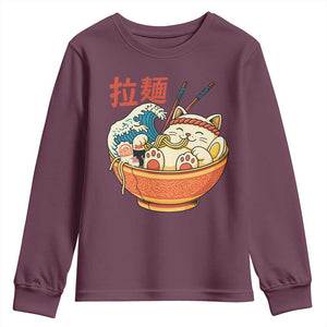 Funny Cat Ramen Youth Sweatshirt Cute Japanese Sushi Kitty Eating Noodles TS14 Maroon Print Your Wear