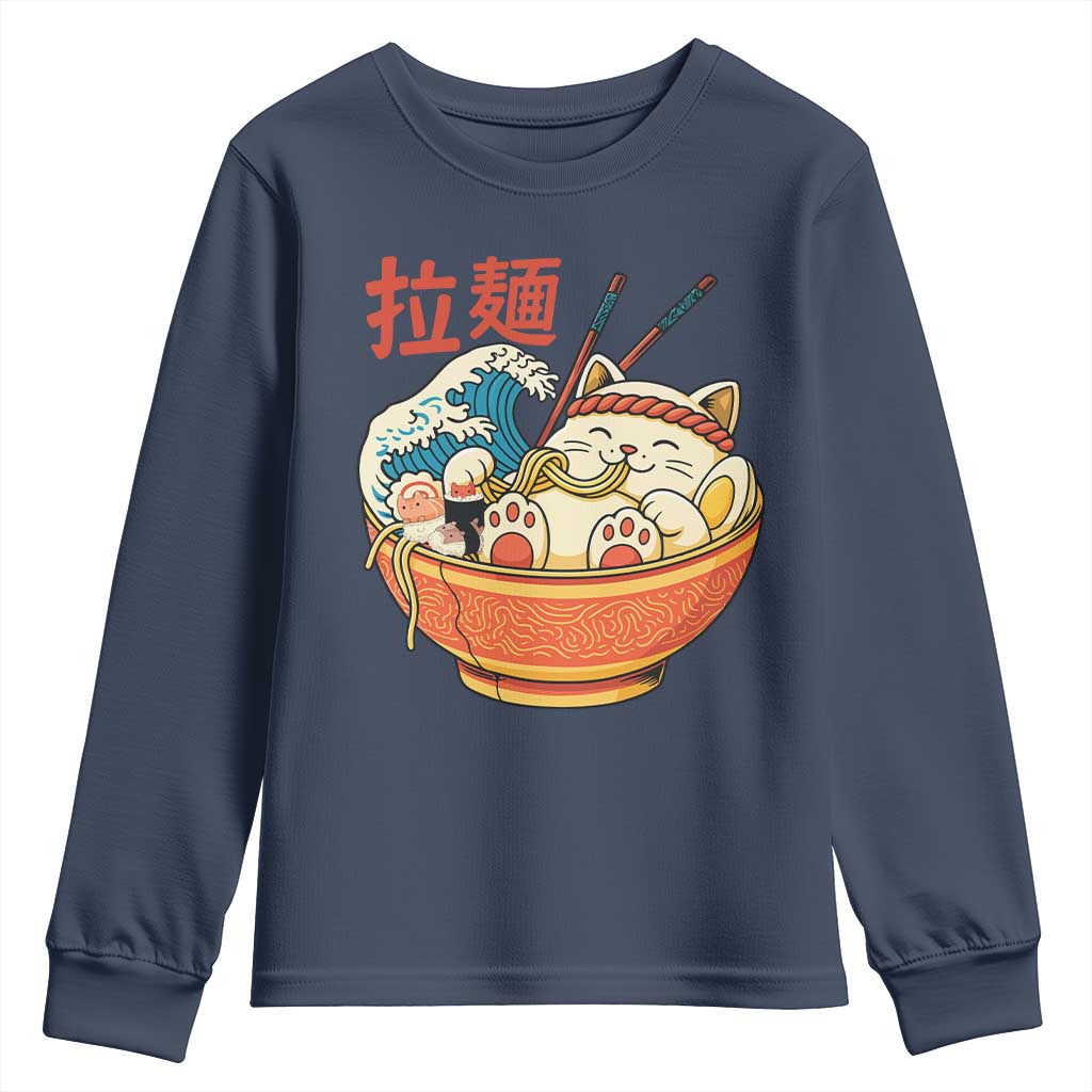 Funny Cat Ramen Youth Sweatshirt Cute Japanese Sushi Kitty Eating Noodles TS14 Navy Print Your Wear
