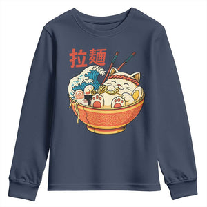 Funny Cat Ramen Youth Sweatshirt Cute Japanese Sushi Kitty Eating Noodles TS14 Navy Print Your Wear