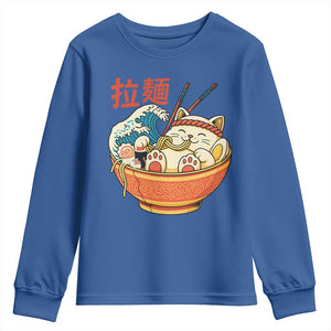 Funny Cat Ramen Youth Sweatshirt Cute Japanese Sushi Kitty Eating Noodles TS14 Royal Blue Print Your Wear