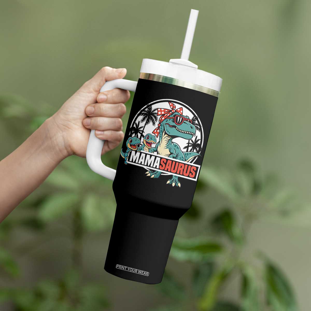 Mamasaurus Dinosaur Tumbler With Handle Funny Grandma Saurus Family Matching TS14 Print Your Wear