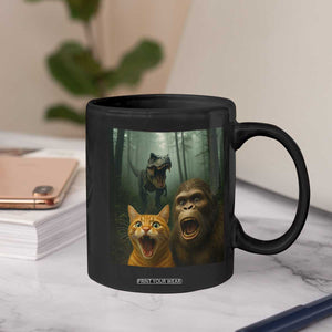 Cat Bigfoot Selfie With Dinosaur Coffee Mug Funny Surprised Scared Sasquatch Cat TS14 Print Your Wear