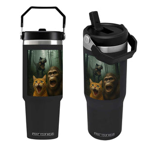 Cat Bigfoot Selfie With Dinosaur Flip Straw Tumbler Funny Surprised Scared Sasquatch Cat TS14 One Size: 30 oz Black Print Your Wear
