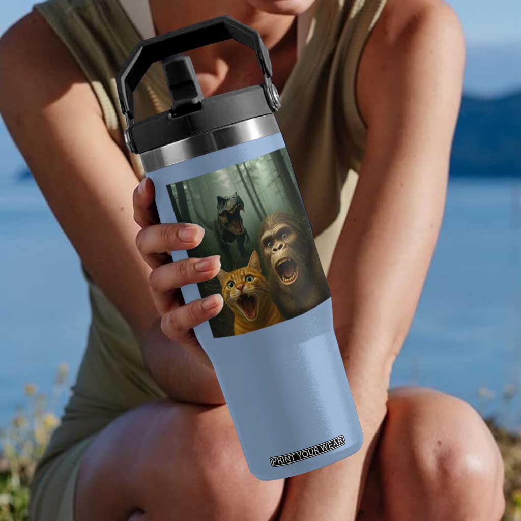 Cat Bigfoot Selfie With Dinosaur Flip Straw Tumbler Funny Surprised Scared Sasquatch Cat TS14 One Size: 30 oz Light Blue Print Your Wear