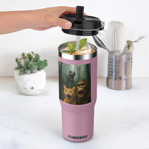 Cat Bigfoot Selfie With Dinosaur Flip Straw Tumbler Funny Surprised Scared Sasquatch Cat TS14 One Size: 30 oz Light Pink Print Your Wear