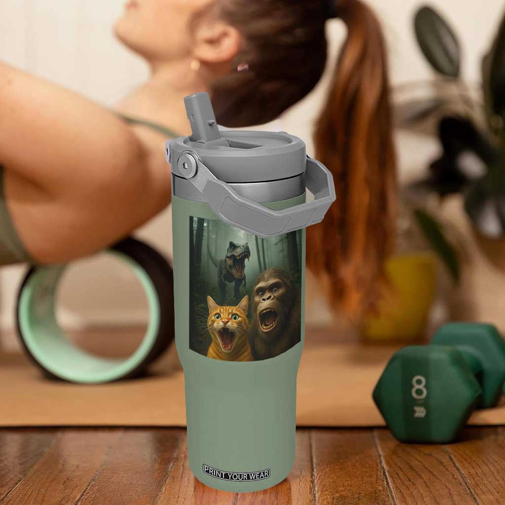 Cat Bigfoot Selfie With Dinosaur Flip Straw Tumbler Funny Surprised Scared Sasquatch Cat TS14 One Size: 30 oz Moss Green Print Your Wear