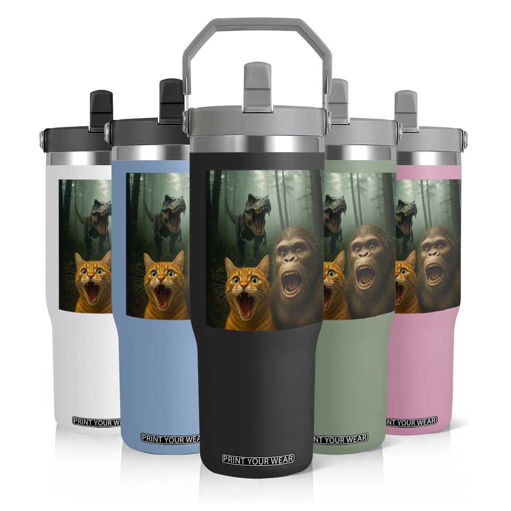 Cat Bigfoot Selfie With Dinosaur Flip Straw Tumbler Funny Surprised Scared Sasquatch Cat TS14 Print Your Wear