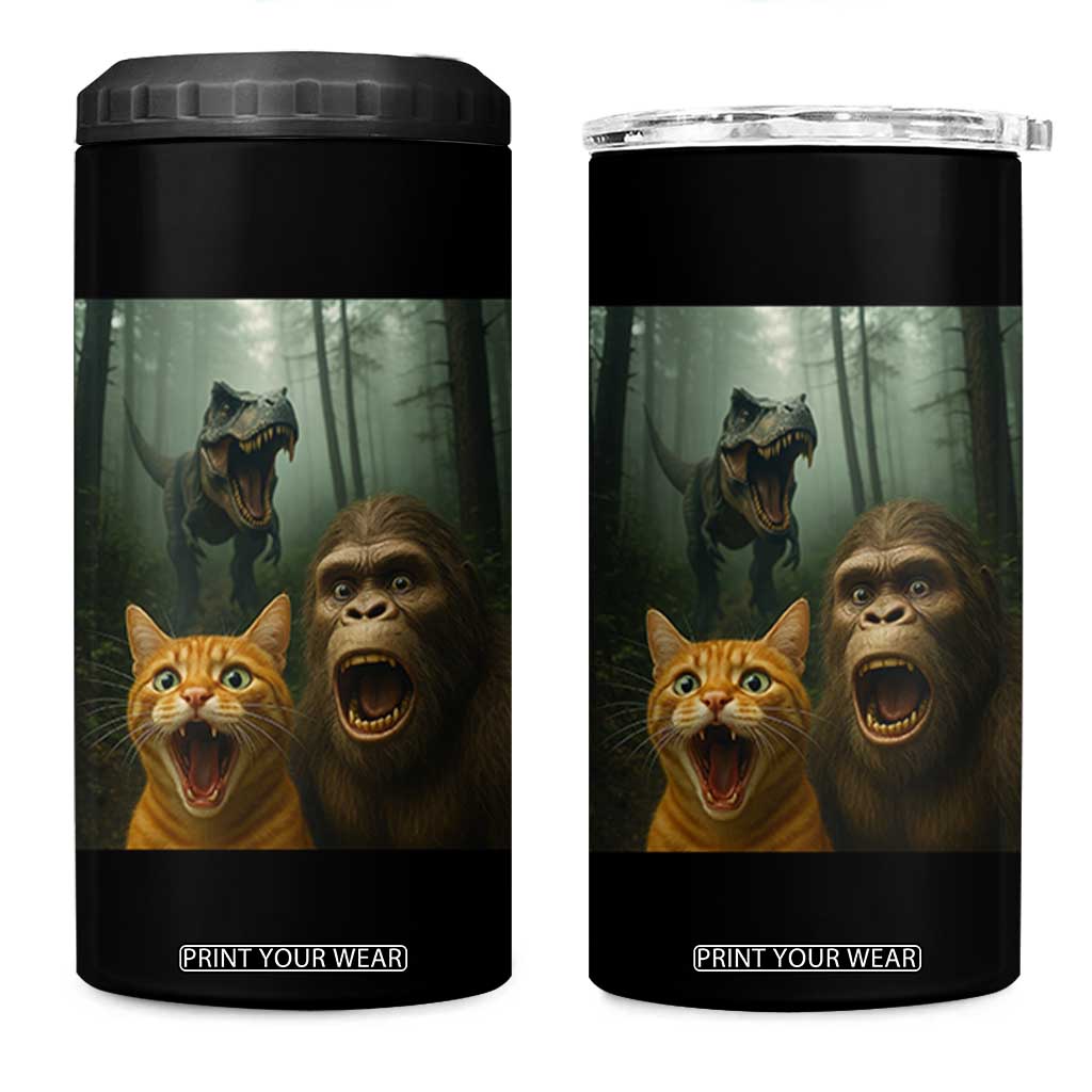 Cat Bigfoot Selfie With Dinosaur 4 in 1 Can Cooler Tumbler Funny Surprised Scared Sasquatch Cat TS14 One Size: 16 oz Black Print Your Wear