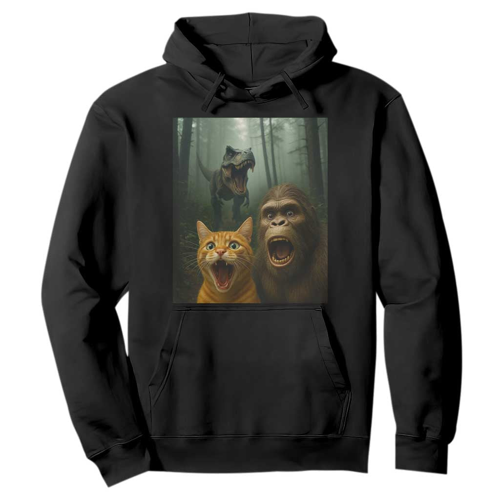 Cat Bigfoot Selfie With Dinosaur Hoodie Funny Surprised Scared Sasquatch Cat TS14 Black Print Your Wear