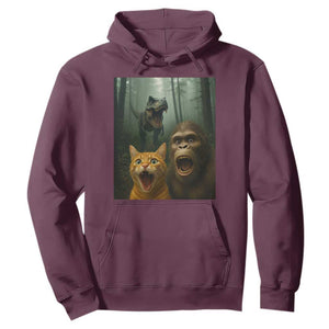 Cat Bigfoot Selfie With Dinosaur Hoodie Funny Surprised Scared Sasquatch Cat TS14 Maroon Print Your Wear