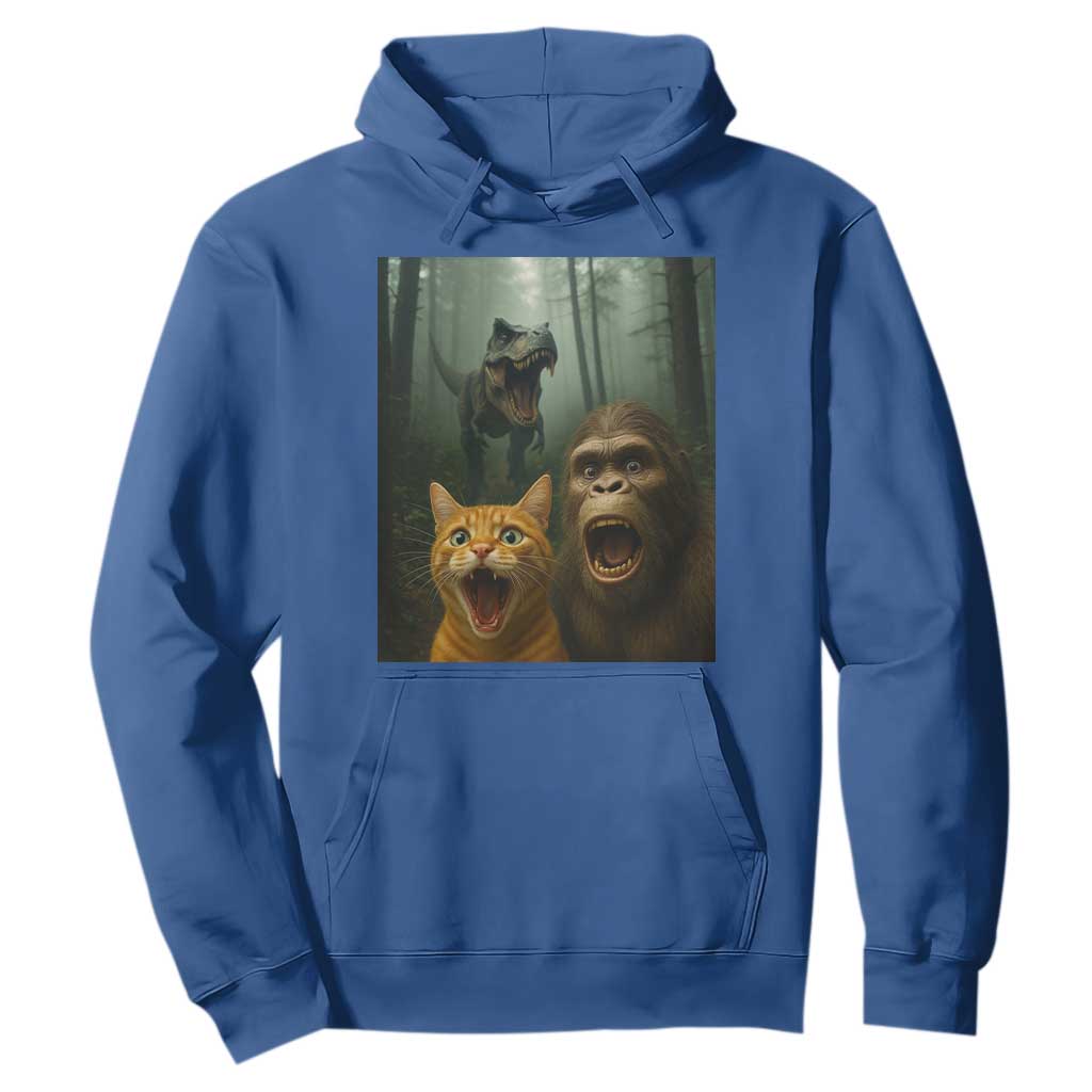 Cat Bigfoot Selfie With Dinosaur Hoodie Funny Surprised Scared Sasquatch Cat TS14 Royal Blue Print Your Wear