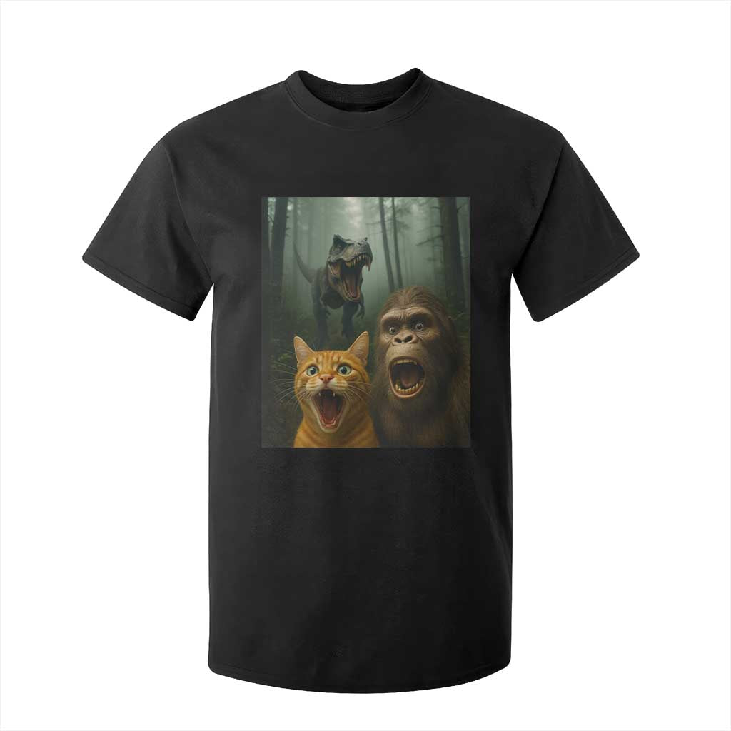 Cat Bigfoot Selfie With Dinosaur T Shirt For Kid Funny Surprised Scared Sasquatch Cat TS14 Black Print Your Wear