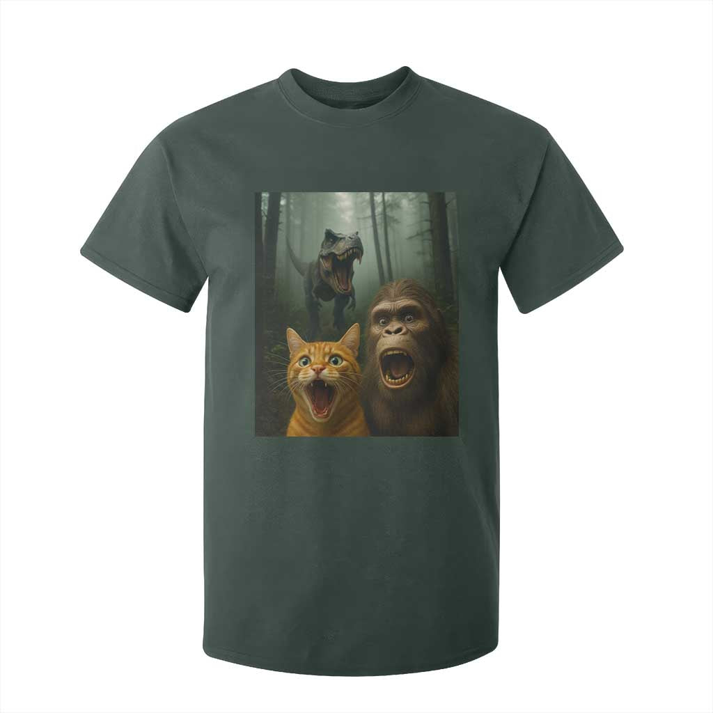 Cat Bigfoot Selfie With Dinosaur T Shirt For Kid Funny Surprised Scared Sasquatch Cat TS14 Dark Forest Green Print Your Wear