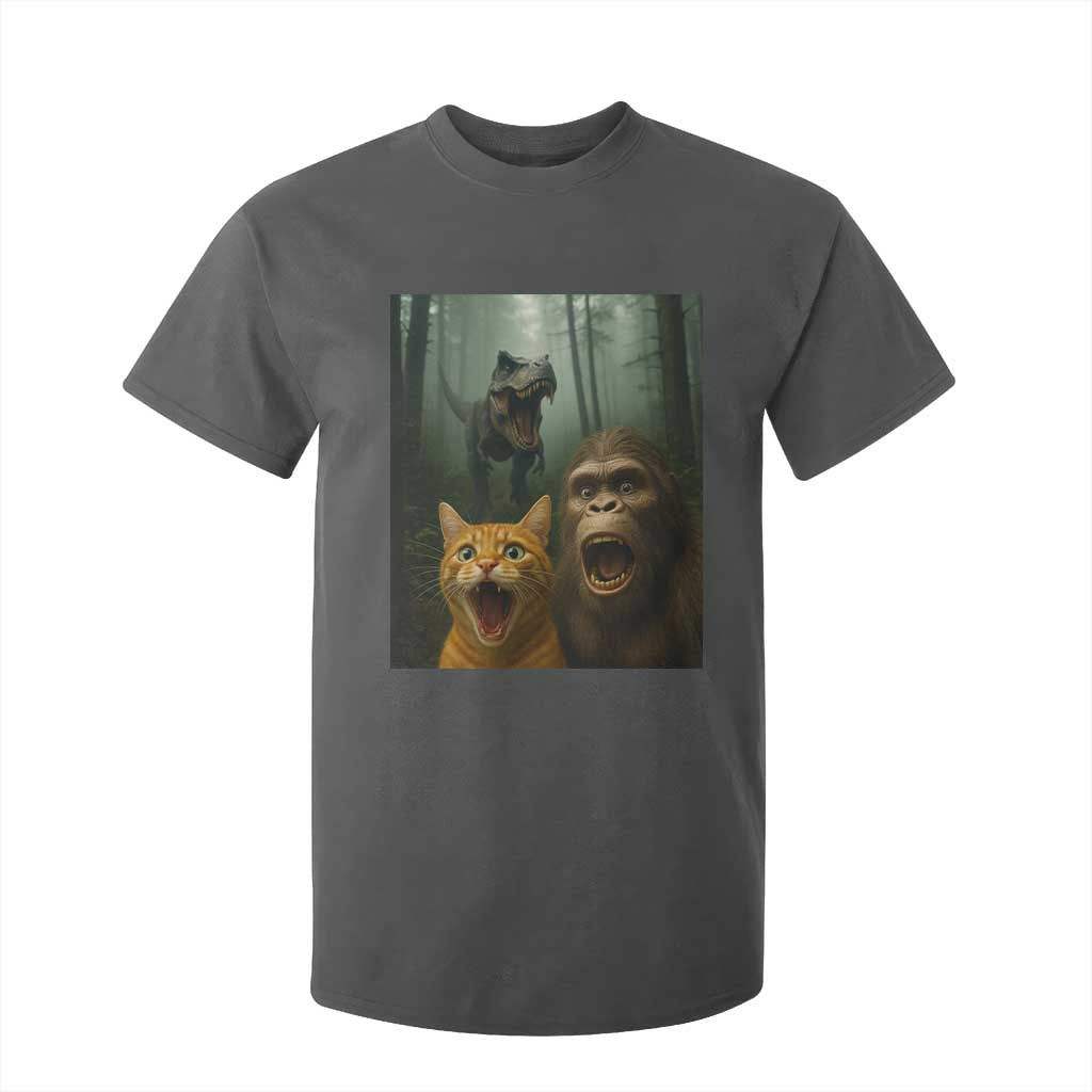 Cat Bigfoot Selfie With Dinosaur T Shirt For Kid Funny Surprised Scared Sasquatch Cat TS14 Dark Heather Print Your Wear