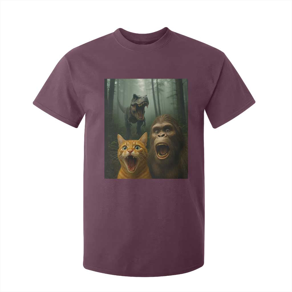 Cat Bigfoot Selfie With Dinosaur T Shirt For Kid Funny Surprised Scared Sasquatch Cat TS14 Maroon Print Your Wear
