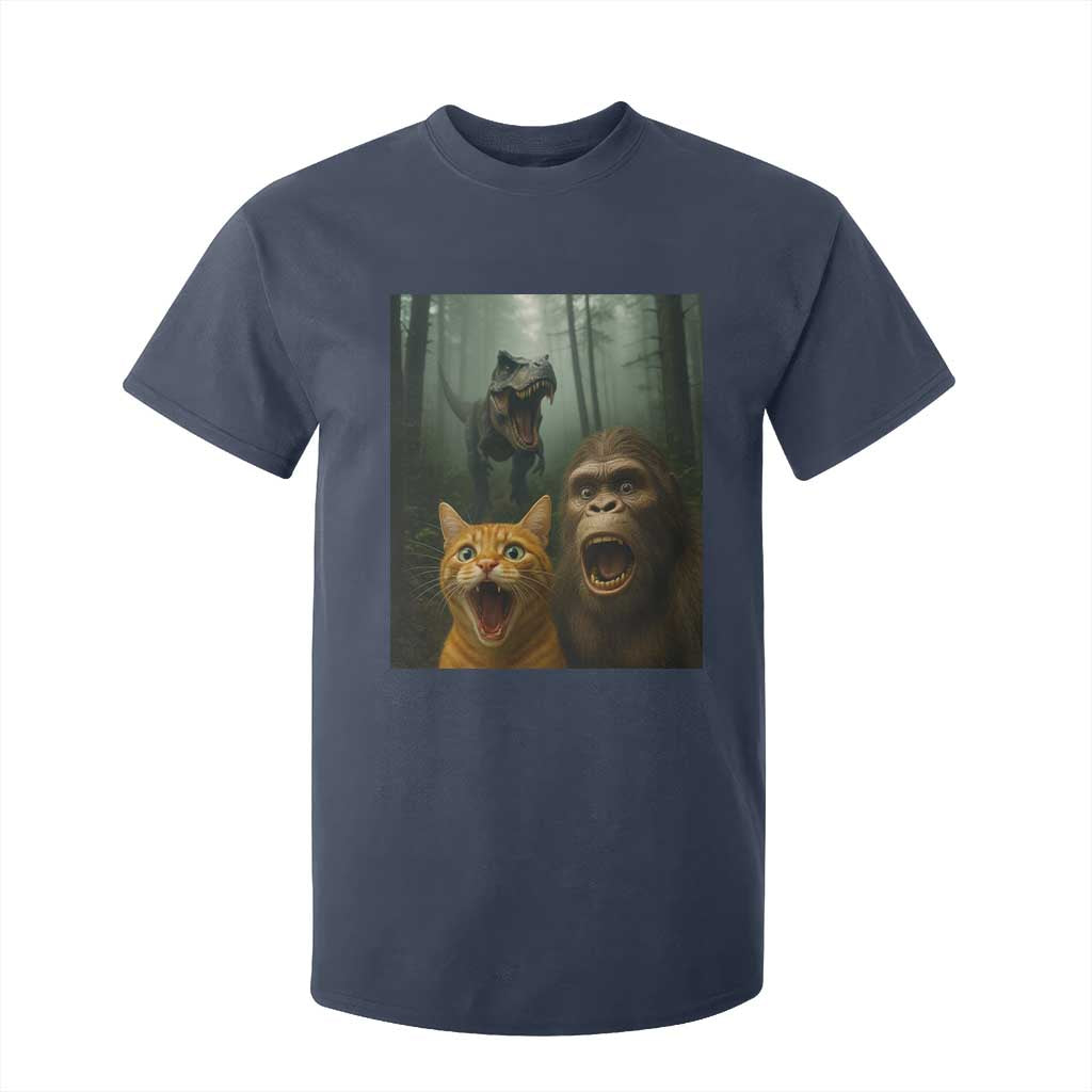 Cat Bigfoot Selfie With Dinosaur T Shirt For Kid Funny Surprised Scared Sasquatch Cat TS14 Navy Print Your Wear