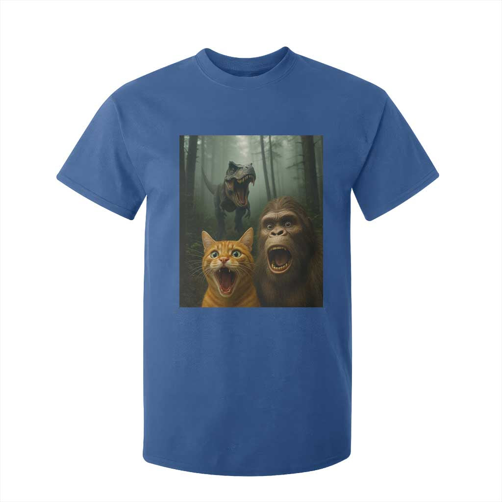 Cat Bigfoot Selfie With Dinosaur T Shirt For Kid Funny Surprised Scared Sasquatch Cat TS14 Royal Blue Print Your Wear