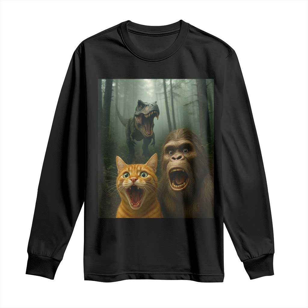 Cat Bigfoot Selfie With Dinosaur Long Sleeve Shirt Funny Surprised Scared Sasquatch Cat TS14 Black Print Your Wear