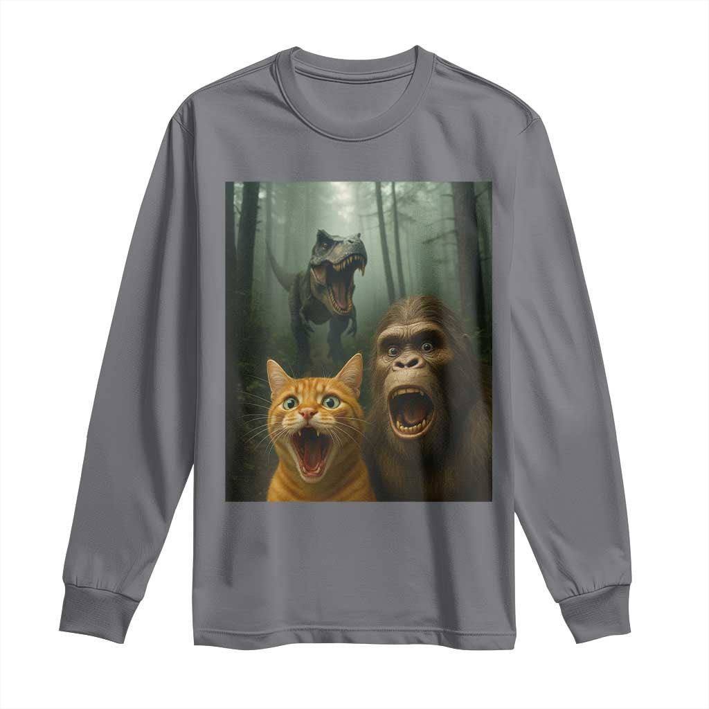 Cat Bigfoot Selfie With Dinosaur Long Sleeve Shirt Funny Surprised Scared Sasquatch Cat TS14 Charcoal Print Your Wear