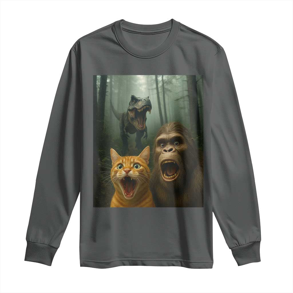 Cat Bigfoot Selfie With Dinosaur Long Sleeve Shirt Funny Surprised Scared Sasquatch Cat TS14 Dark Heather Print Your Wear