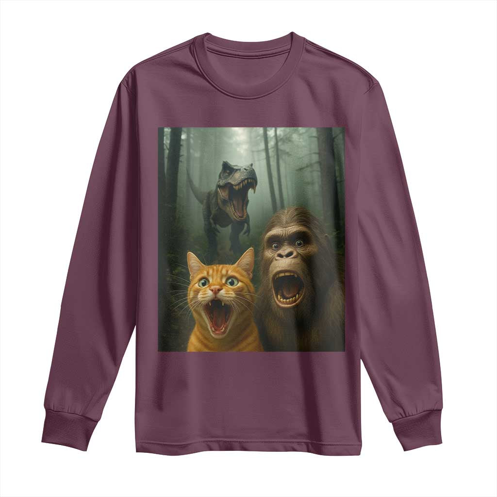 Cat Bigfoot Selfie With Dinosaur Long Sleeve Shirt Funny Surprised Scared Sasquatch Cat TS14 Maroon Print Your Wear