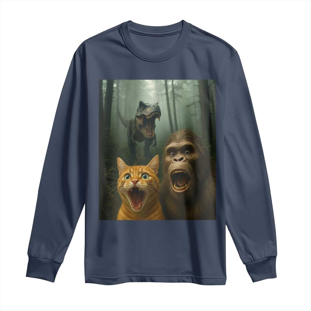Cat Bigfoot Selfie With Dinosaur Long Sleeve Shirt Funny Surprised Scared Sasquatch Cat TS14 Navy Print Your Wear