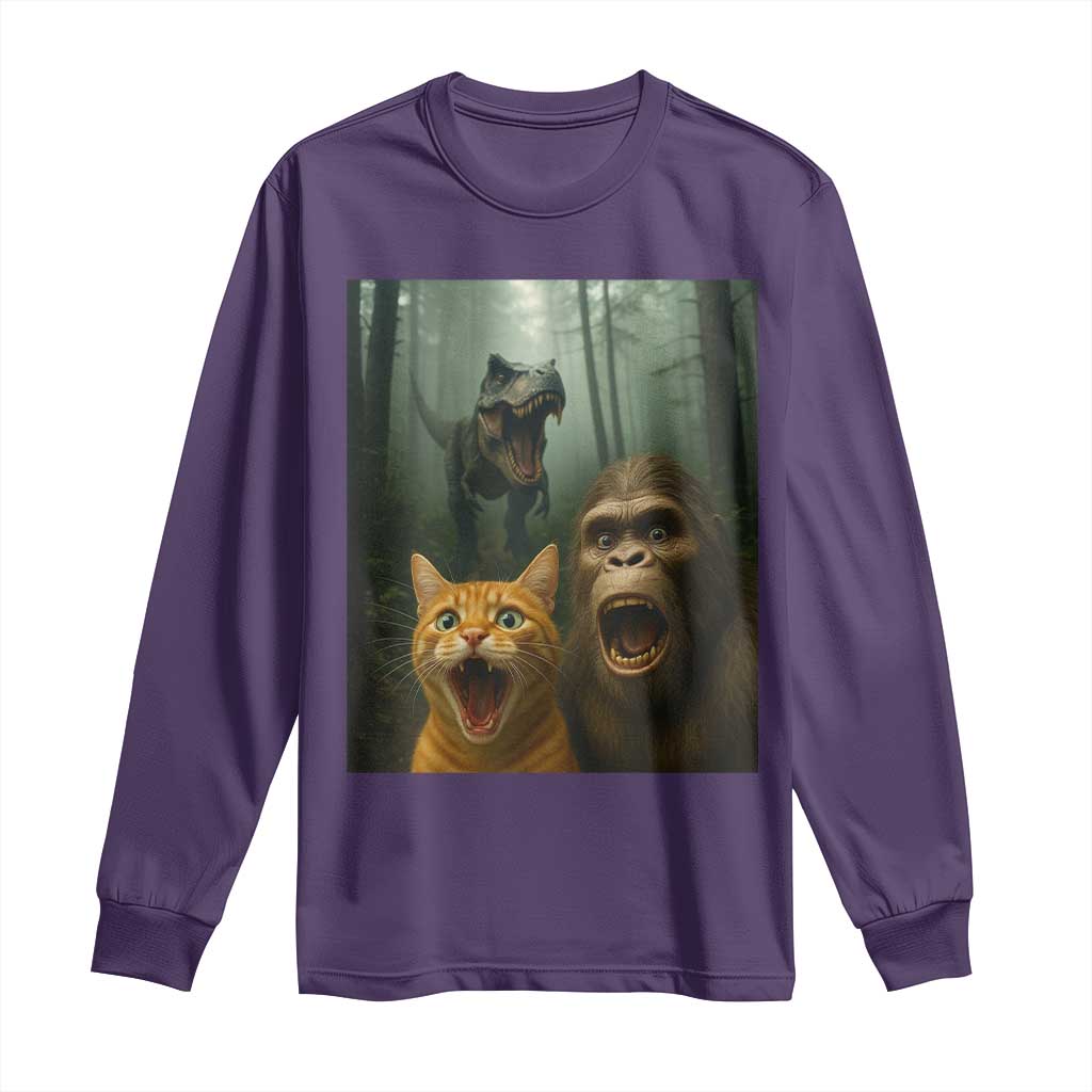 Cat Bigfoot Selfie With Dinosaur Long Sleeve Shirt Funny Surprised Scared Sasquatch Cat TS14 Purple Print Your Wear