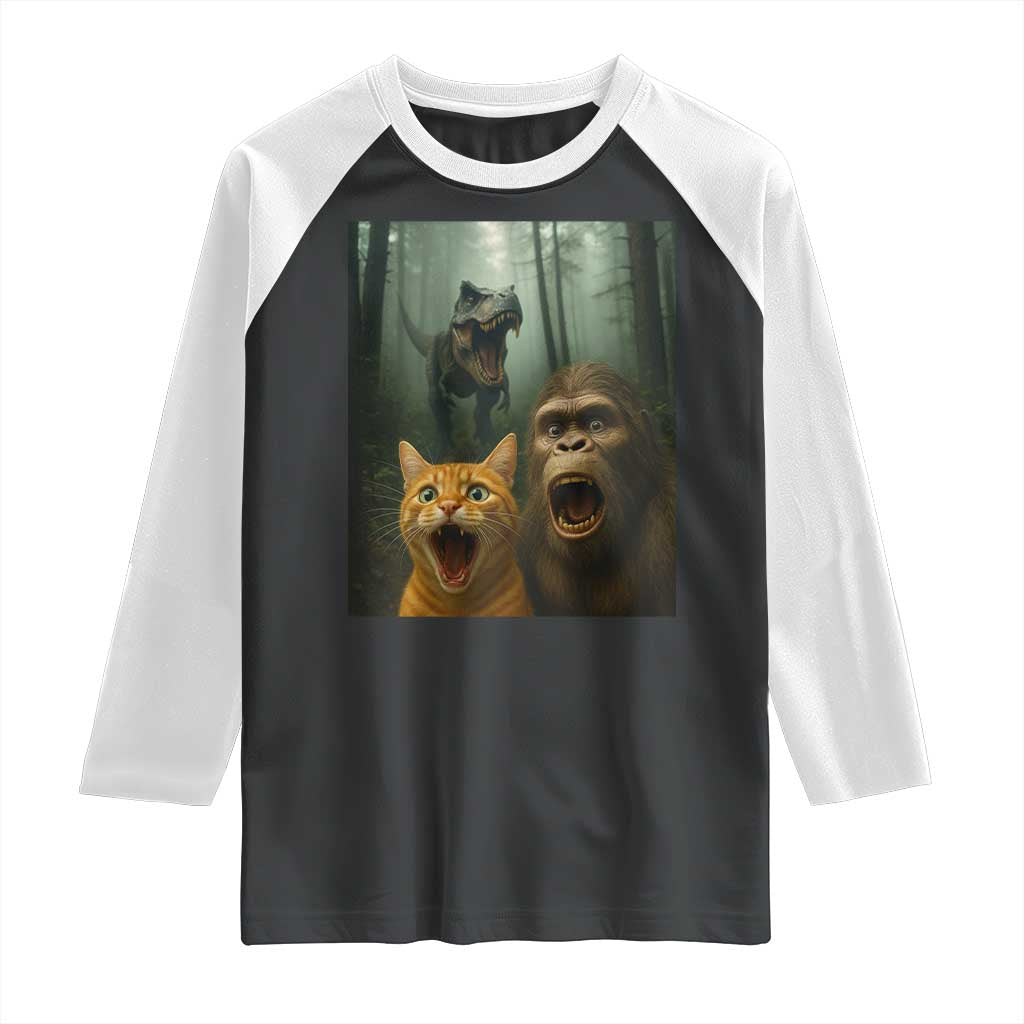 Cat Bigfoot Selfie With Dinosaur Raglan Shirt Funny Surprised Scared Sasquatch Cat TS14 Black White Print Your Wear