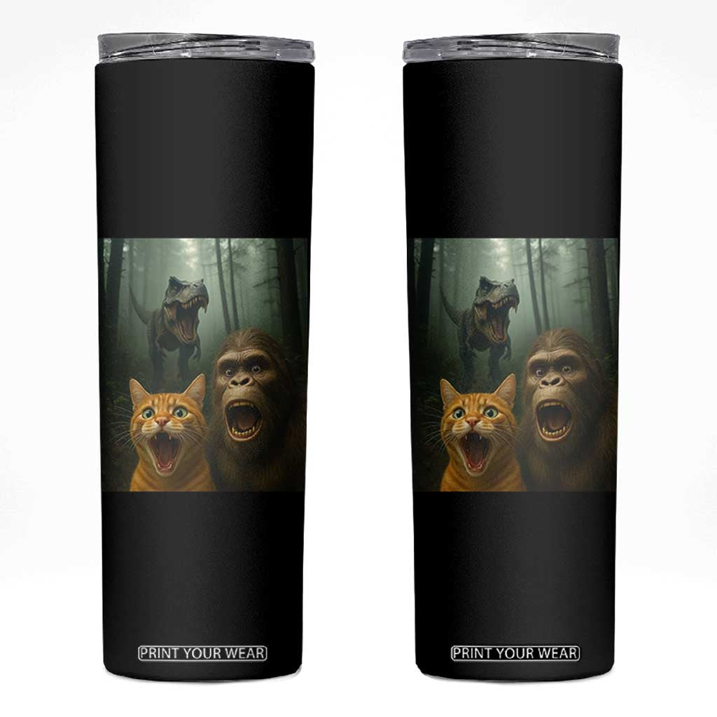 Cat Bigfoot Selfie With Dinosaur Skinny Tumbler Funny Surprised Scared Sasquatch Cat TS14 Black Print Your Wear