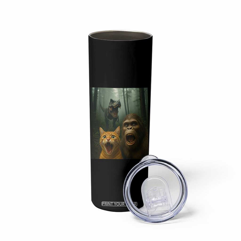 Cat Bigfoot Selfie With Dinosaur Skinny Tumbler Funny Surprised Scared Sasquatch Cat TS14 Print Your Wear