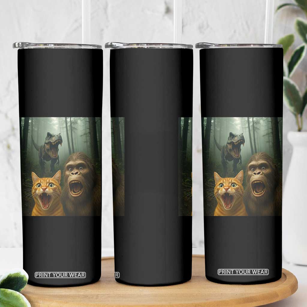 Cat Bigfoot Selfie With Dinosaur Skinny Tumbler Funny Surprised Scared Sasquatch Cat TS14 Print Your Wear