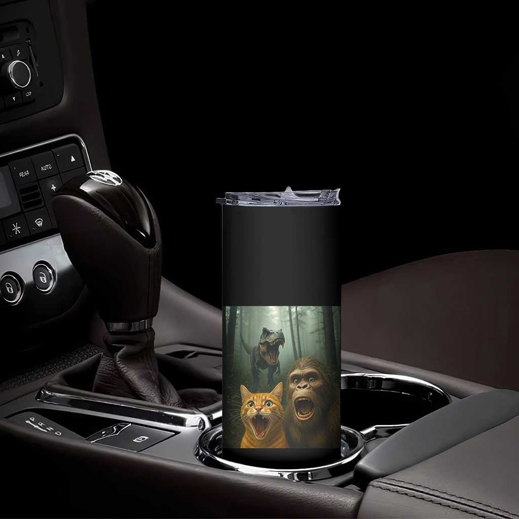 Cat Bigfoot Selfie With Dinosaur Skinny Tumbler Funny Surprised Scared Sasquatch Cat TS14 Print Your Wear