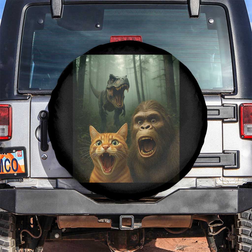 Cat Bigfoot Selfie With Dinosaur Spare Tire Cover Funny Surprised Scared Sasquatch Cat TS14 No hole Black Print Your Wear