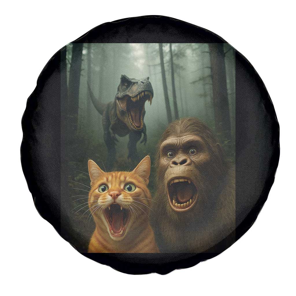 Cat Bigfoot Selfie With Dinosaur Spare Tire Cover Funny Surprised Scared Sasquatch Cat TS14 Print Your Wear