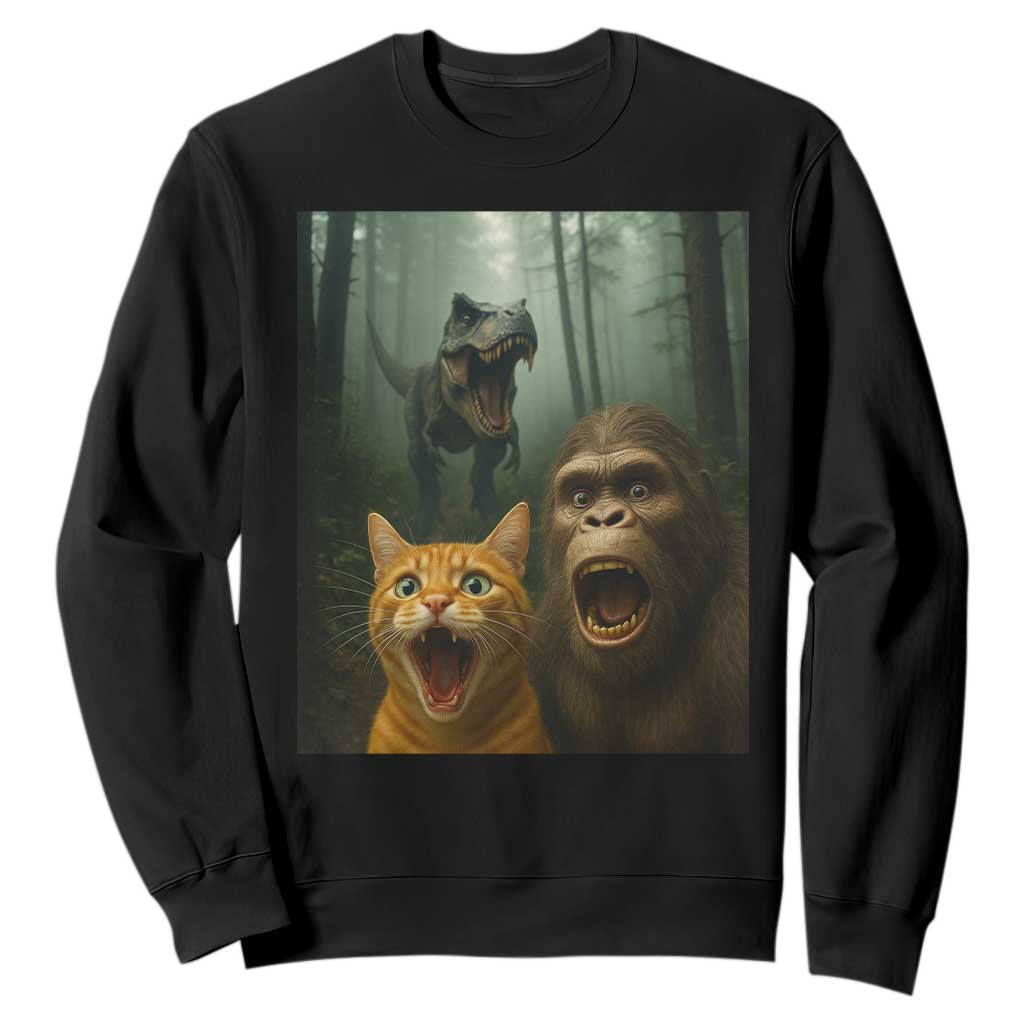 Cat Bigfoot Selfie With Dinosaur Sweatshirt Funny Surprised Scared Sasquatch Cat TS14 Black Print Your Wear