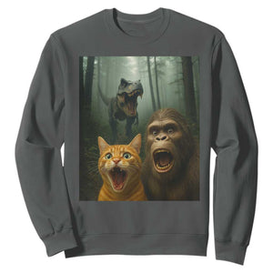 Cat Bigfoot Selfie With Dinosaur Sweatshirt Funny Surprised Scared Sasquatch Cat TS14 Dark Heather Print Your Wear