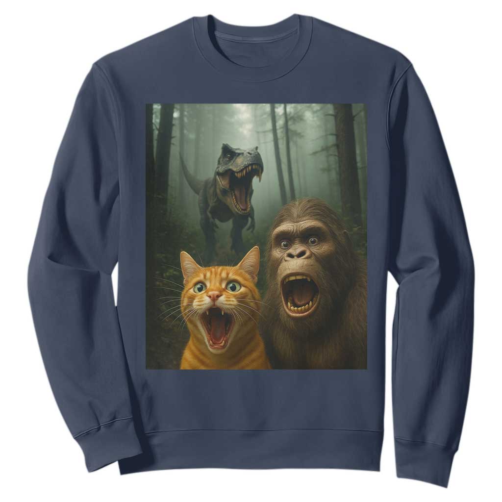 Cat Bigfoot Selfie With Dinosaur Sweatshirt Funny Surprised Scared Sasquatch Cat TS14 Navy Print Your Wear