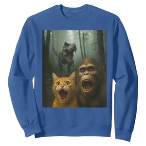 Cat Bigfoot Selfie With Dinosaur Sweatshirt Funny Surprised Scared Sasquatch Cat TS14 Royal Blue Print Your Wear
