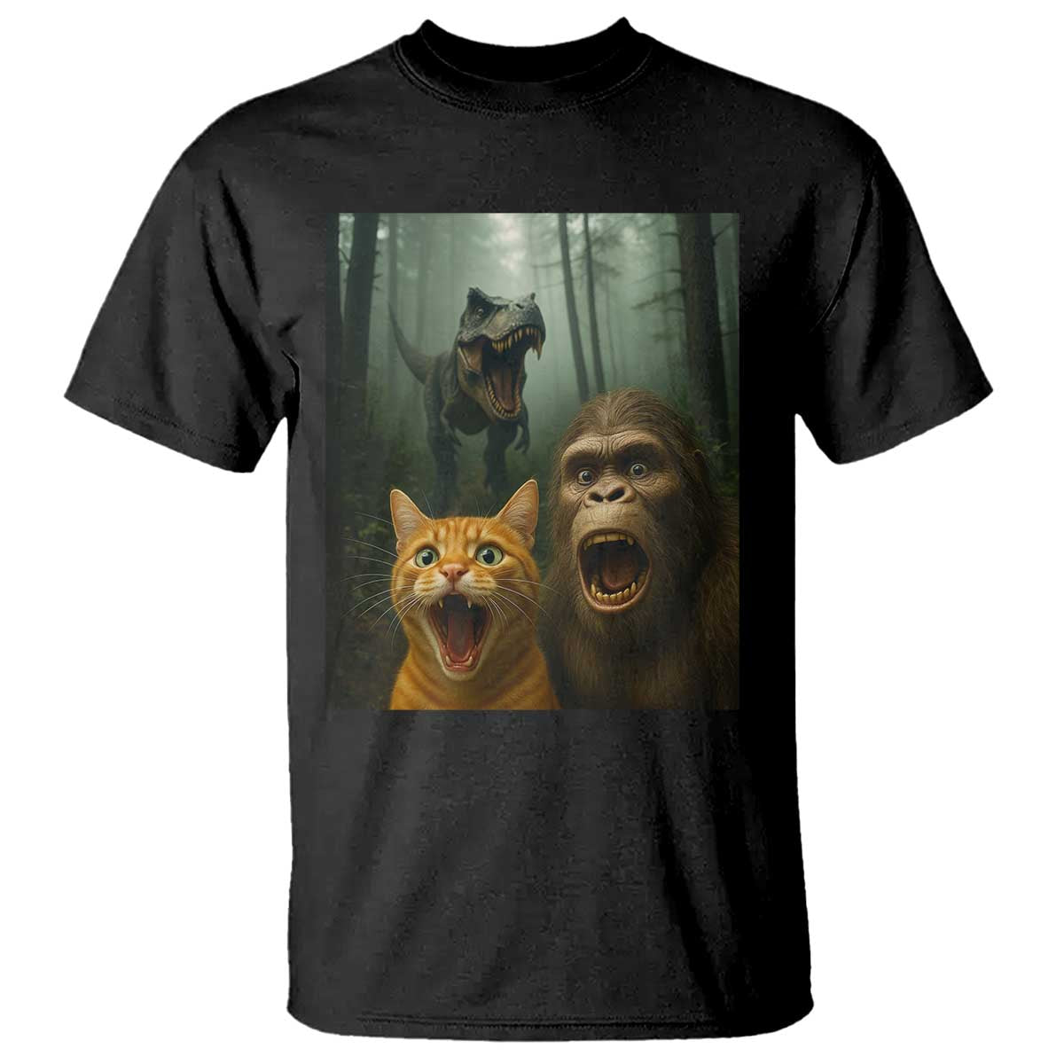 Cat Bigfoot Selfie With Dinosaur T Shirt Funny Surprised Scared Sasquatch Cat TS14 Black Print Your Wear