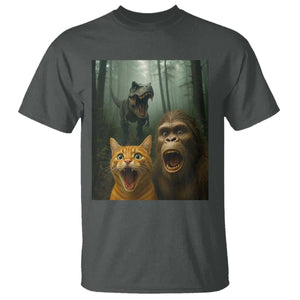 Cat Bigfoot Selfie With Dinosaur T Shirt Funny Surprised Scared Sasquatch Cat TS14 Dark Heather Print Your Wear