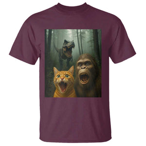 Cat Bigfoot Selfie With Dinosaur T Shirt Funny Surprised Scared Sasquatch Cat TS14 Maroon Print Your Wear