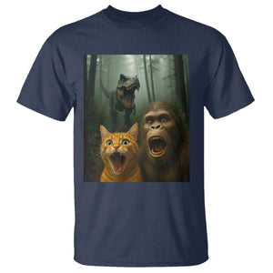 Cat Bigfoot Selfie With Dinosaur T Shirt Funny Surprised Scared Sasquatch Cat TS14 Navy Print Your Wear