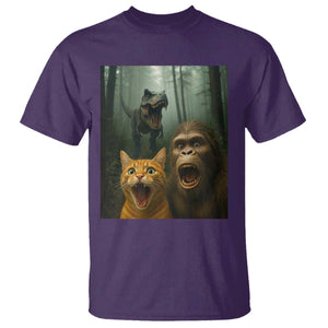 Cat Bigfoot Selfie With Dinosaur T Shirt Funny Surprised Scared Sasquatch Cat TS14 Purple Print Your Wear