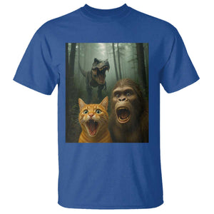 Cat Bigfoot Selfie With Dinosaur T Shirt Funny Surprised Scared Sasquatch Cat TS14 Royal Blue Print Your Wear