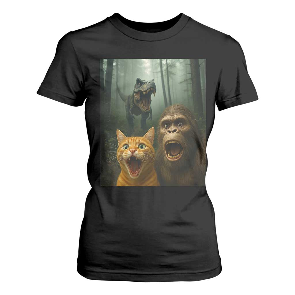 Cat Bigfoot Selfie With Dinosaur T Shirt For Women Funny Surprised Scared Sasquatch Cat TS14 Black Print Your Wear