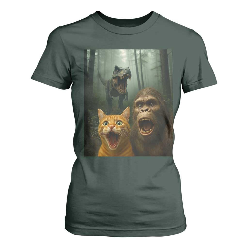 Cat Bigfoot Selfie With Dinosaur T Shirt For Women Funny Surprised Scared Sasquatch Cat TS14 Dark Forest Green Print Your Wear
