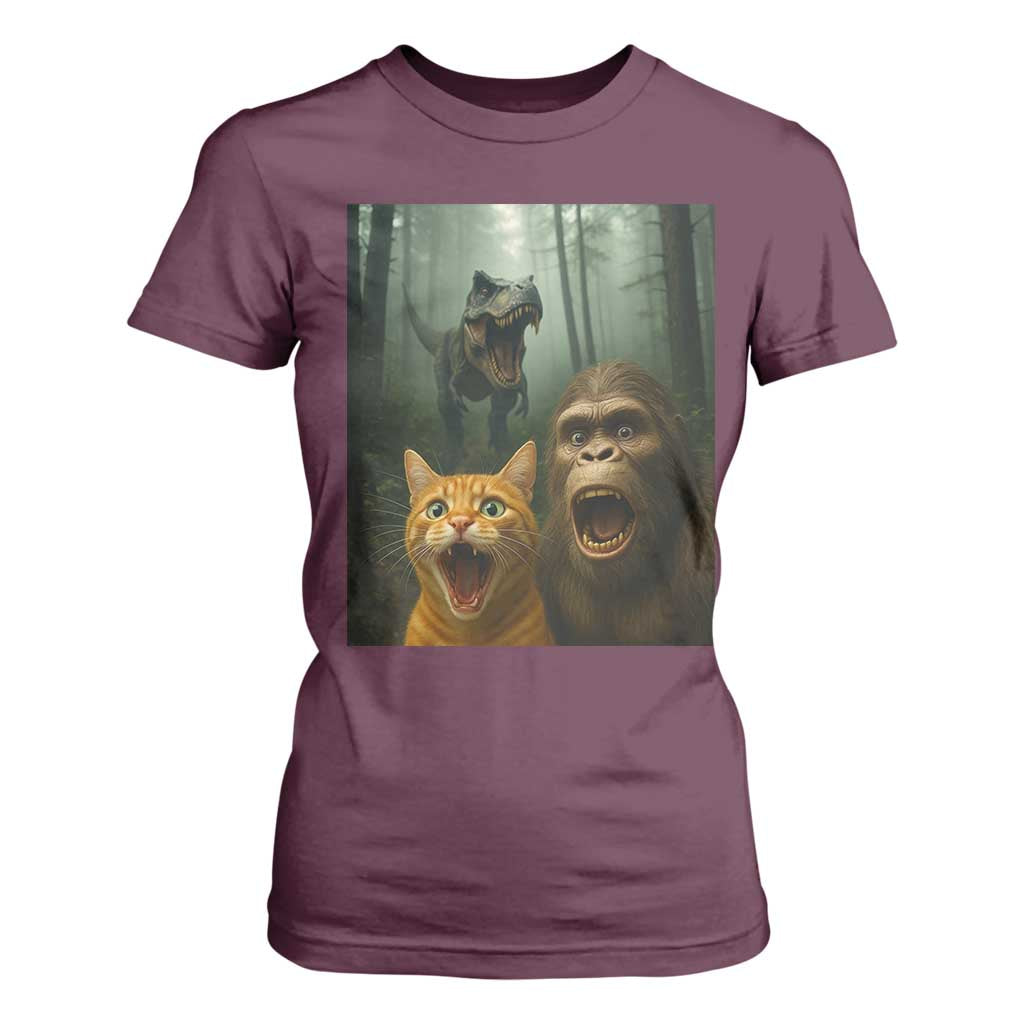 Cat Bigfoot Selfie With Dinosaur T Shirt For Women Funny Surprised Scared Sasquatch Cat TS14 Maroon Print Your Wear