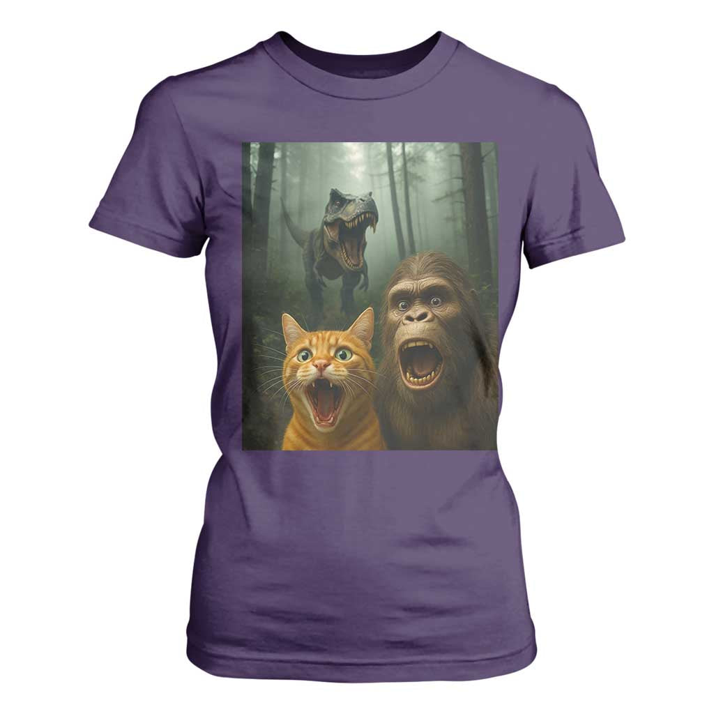 Cat Bigfoot Selfie With Dinosaur T Shirt For Women Funny Surprised Scared Sasquatch Cat TS14 Purple Print Your Wear