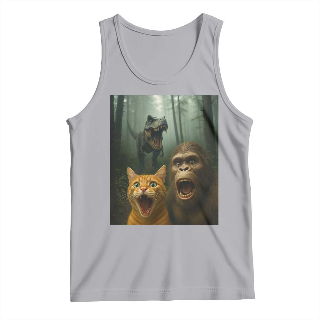 Cat Bigfoot Selfie With Dinosaur Tank Top Funny Surprised Scared Sasquatch Cat TS14 Athletic Heather Print Your Wear